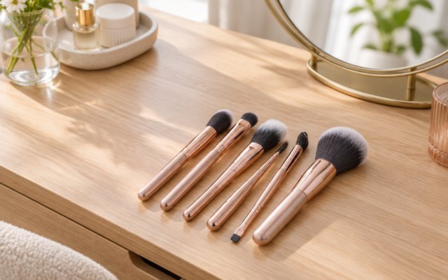 e.l.f. Flawless Face Kit, laid out on a light wood dressing table beside a round mirror