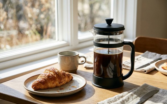 Glass French press in a black frame, full of brewed coffee, on a sunny breakfast table beside a croissant
