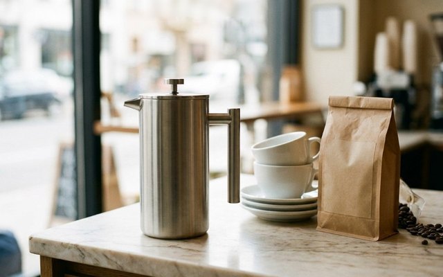 Brushed stainless steel French press on a marble café counter beside stacked cups and a bag of coffee beans