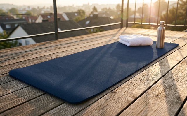 A dense navy yoga mat unrolled on a wooden balcony deck at sunrise with a towel and water bottle