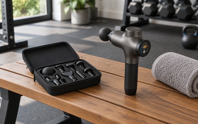 A massage gun on a wooden bench in a home gym beside a rolled towel
