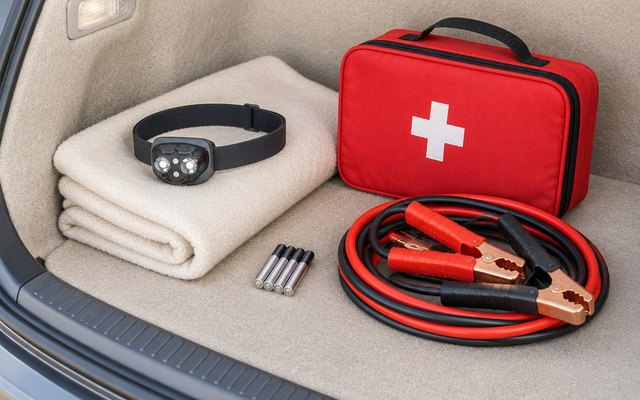 Energizer PRO-360 headlamp on a roadside emergency kit in a car’s trunk, beside jumper cables, AAA batteries and a first-aid kit