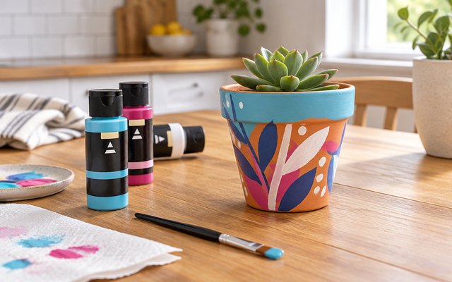 Craft acrylic paint bottles from the set, a few of the bottles on a kitchen table beside a freshly painted terracotta pot and a brush