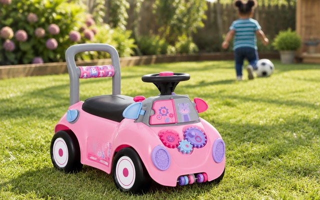 Radio Flyer Creativity Car 3-in-1 Ride-On, ride-on toy on a sunny lawn in a backyard, a toddler in the background out of focus