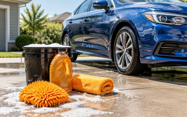 Car wash kit with wash mitt, towel and bottles, set out on a sunny suburban driveway beside a bucket of soapy water, a clean blue sedan behind