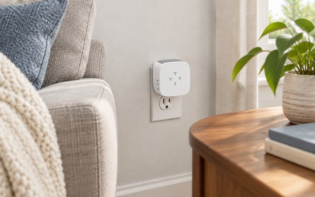 NETGEAR EX5000 Wi-Fi extender, plugged into an outlet behind a living room sofa side table