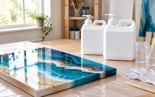 CRAFT RESIN epoxy resin kit, on a studio table beside a painted canvas with a glossy clear coat