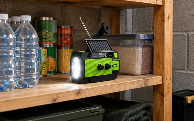 RunningSnail emergency crank radio, on a shelf in a basement storm shelter beside bottled water and canned food