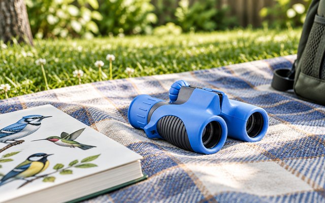 Think Peak kids' binoculars, on a picnic blanket in a backyard beside a field guide to birds