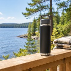 Black YETI Rambler bottle with its chug cap standing on a sunlit cottage deck rail above a lake, a folded blanket beside it