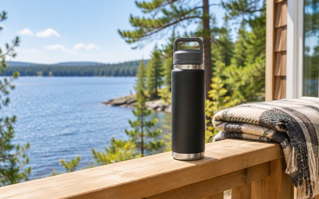 Black YETI Rambler bottle with its chug cap standing on a sunlit cottage deck rail above a lake, a folded blanket beside it