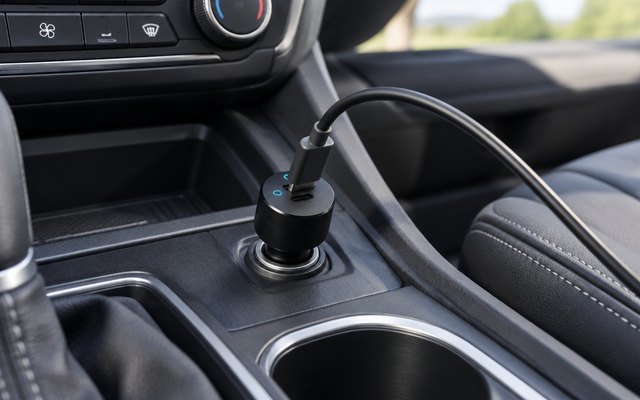 Anker PowerDrive III Duo car charger, plugged into the 12-volt socket in the center console of an SUV, a USB-C cable running from it