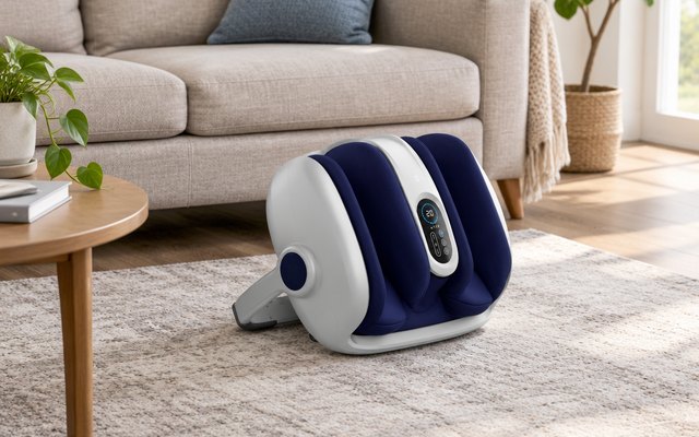 Foot, leg and calf massager, on a living room rug in front of a sofa