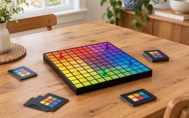 A large colour-grid game board covered in a rainbow of small coloured squares laid out on a family dining table with a few small plastic pawns placed on it