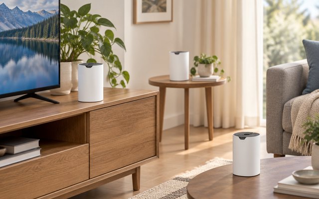 TP-Link Deco S4 mesh system, one unit on a TV console in a family room, another on a side table in the background