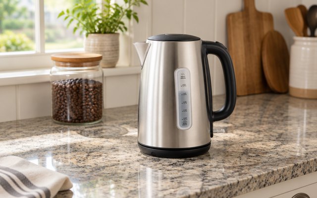 Brushed stainless steel kettle on a granite counter in a farmhouse-style kitchen beside a jar of coffee beans