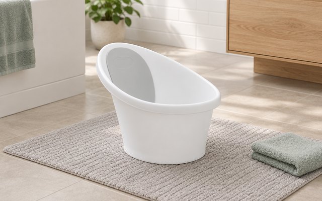 Baby bath, on a bath mat on a bathroom floor beside a folded towel