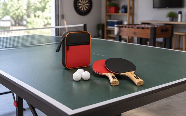 Table tennis bat set, on the end of a green table tennis table in a garage games room