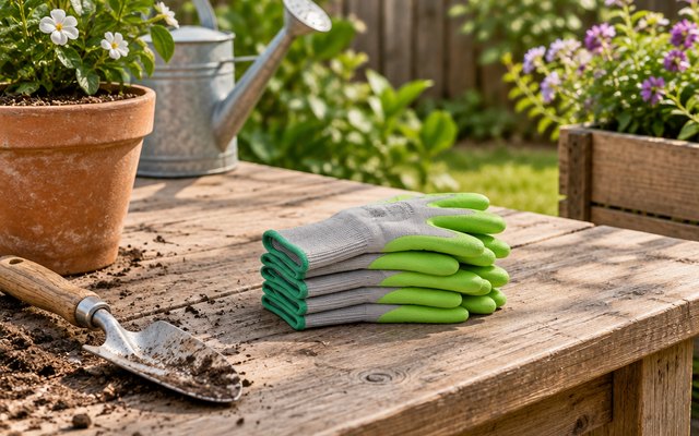 WORKPRO garden gloves, on a potting bench beside a trowel and a terracotta pot in a backyard garden