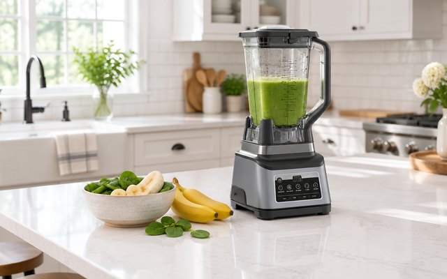 Ninja Professional Plus Kitchen System, on a white quartz countertop in a bright American farmhouse kitchen, the pitcher half full of green smoothie