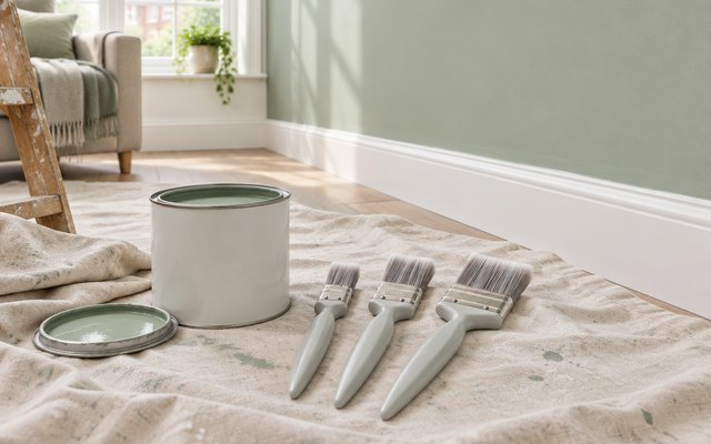 Three grey-handled paintbrushes beside a tin of sage green paint on a dust sheet