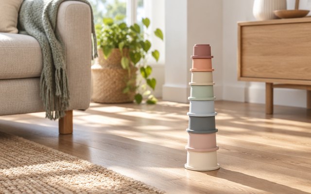 Stacking cups, on a wooden floor in a sunny living room