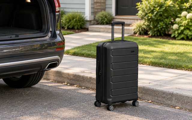 Traveler's Choice Pagosa 27 in spinner, on the curb outside a suburban house beside the open trunk of a car