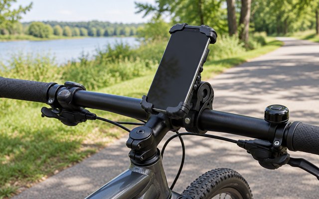 Lamicall bike phone holder, on the handlebar of a hybrid bike on a park greenway trail