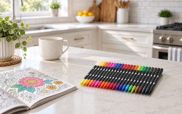 Soucolor dual tip brush pens, on a kitchen island in a bright American kitchen beside an open coloring book