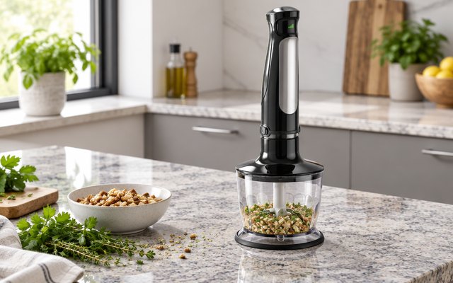 Braun MultiQuick 7 hand blender, on a granite kitchen island beside a bowl of chopped nuts and herbs