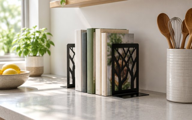 MaxGear tree bookends holding cookbooks in a kitchen