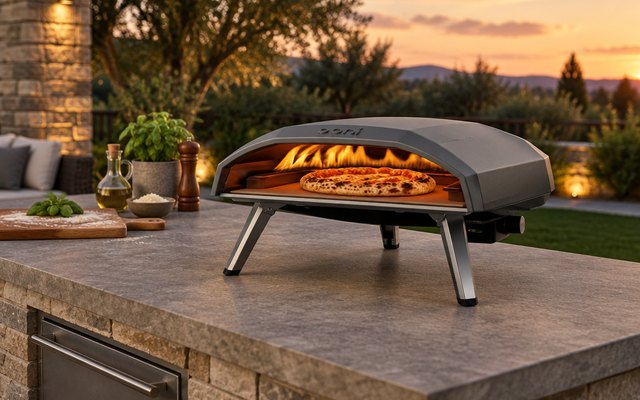 Ooni Koda 16 pizza oven, on a stone outdoor kitchen counter in a backyard at dusk, a pizza inside