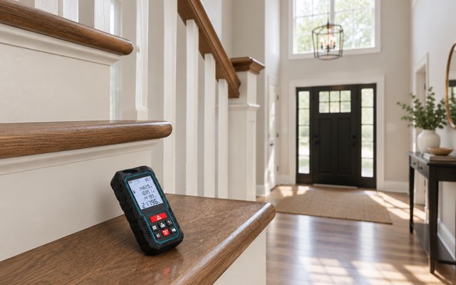 MILESEEY D5 laser measure, resting on a stair tread in a tall two-story foyer