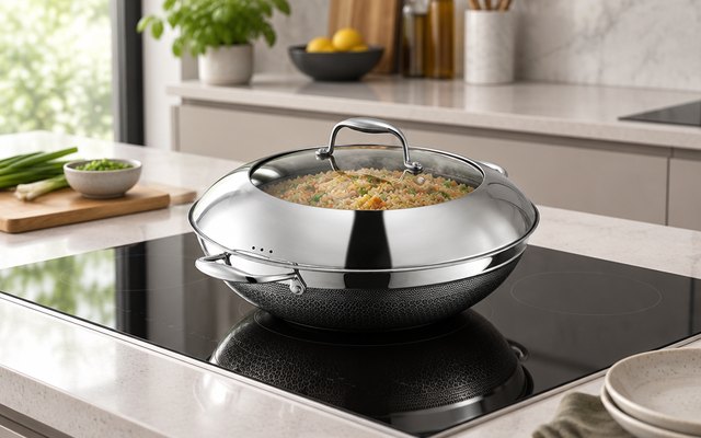HexClad 14-inch hybrid wok, on an induction cooktop in a modern kitchen island, a big batch of fried rice inside