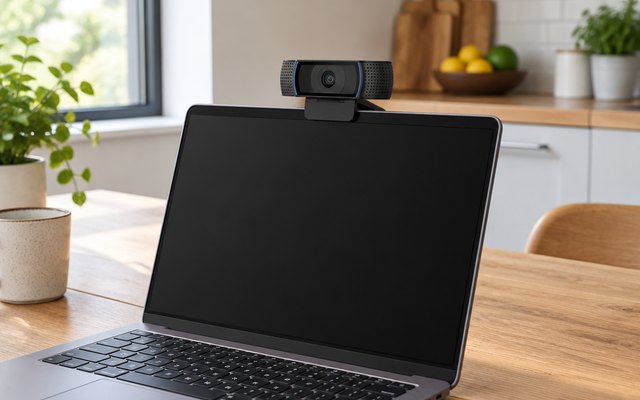 Logitech C920x webcam, clipped to the top of a laptop screen on a kitchen table