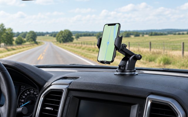 A suction phone mount on a pickup truck dashboard