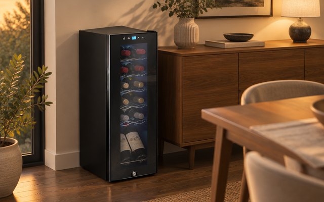Ivation 12-Bottle Compressor Wine Cooler with Lock, black freestanding 12-bottle wine cooler with a glass door in a dining room corner beside a sideboard