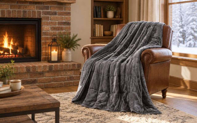 Uttermara sherpa fleece weighted blanket, draped over a leather armchair beside a brick fireplace in a cozy living room in winter