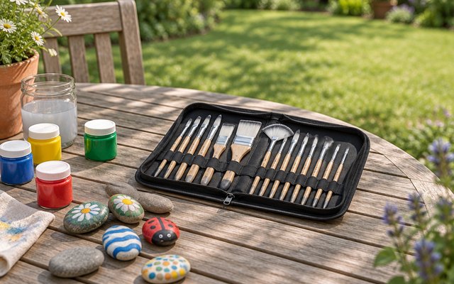 Paintbrush set with case, on a garden patio table beside some painted pebbles and small pots of paint, a lawn behind