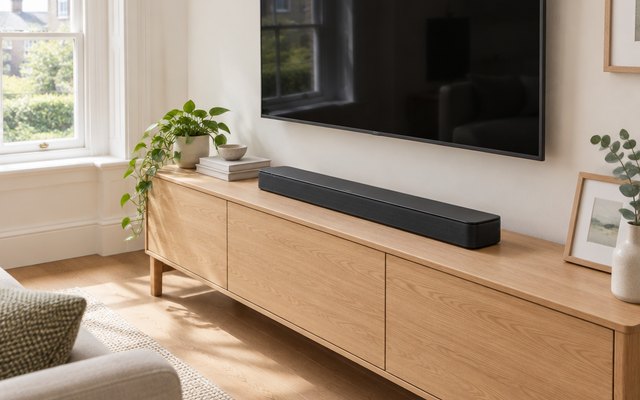 Bose TV Speaker soundbar, on a light oak TV unit below a wall-mounted TV, in a bright British living room with a sash window