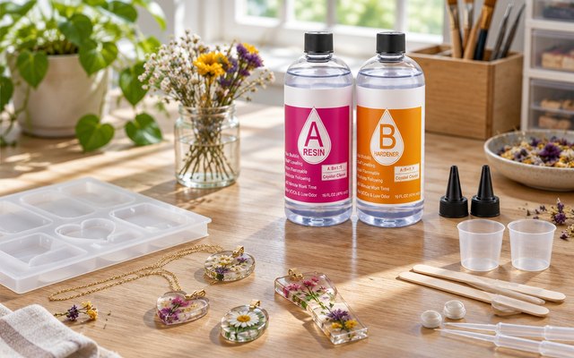 Shabebe epoxy resin kit, on a craft desk beside a few small resin pendants with dried flowers
