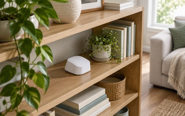 eero 6 mesh router, on a living-room bookshelf