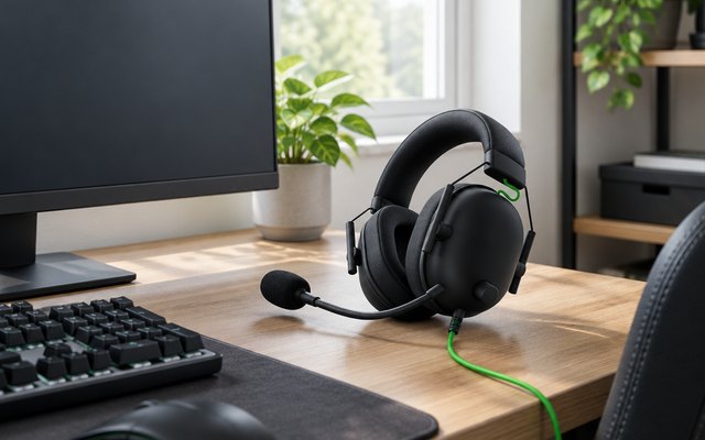 Razer BlackShark V2 X headset, resting on a desk beside a keyboard and a monitor with a plain display in a gaming corner in soft daylight