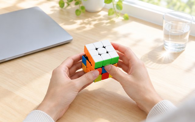 GAN 356 M speed cube in two hands mid-solve at a desk