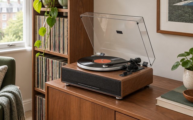 Wooden turntable with built-in speakers on a living-room sideboard beside a shelf of records