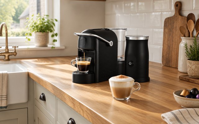 Lavazza Jolie & Milk pod machine, on an oak worktop in a cottage kitchen
