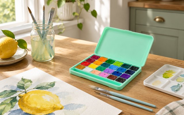 HIMI jelly cup gouache set, on a craft table in a bright kitchen nook beside a painting in progress of a lemon