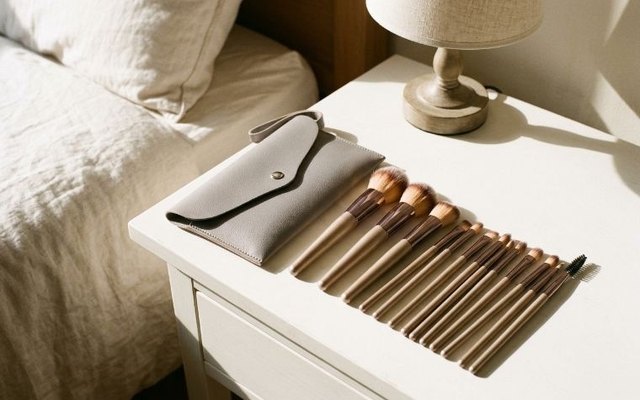 Fifteen champagne-gold makeup brushes laid out on a white bedside table beside their grey fold-over pouch