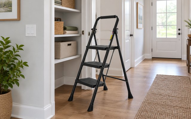 HBTower 3-step ladder, in a hallway beside a hall closet with high shelves