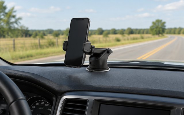 iOttie Easy One Touch 5, on the dashboard of a pickup truck on a country road